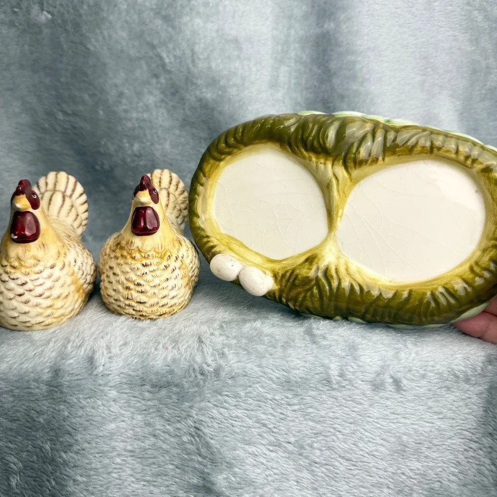 Vintage Ceramic Chicken Salt and Pepper Shakers Set with Nest Base Tray